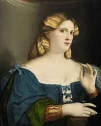 Junge Frau in einem blauen Kleid, mit Fächer